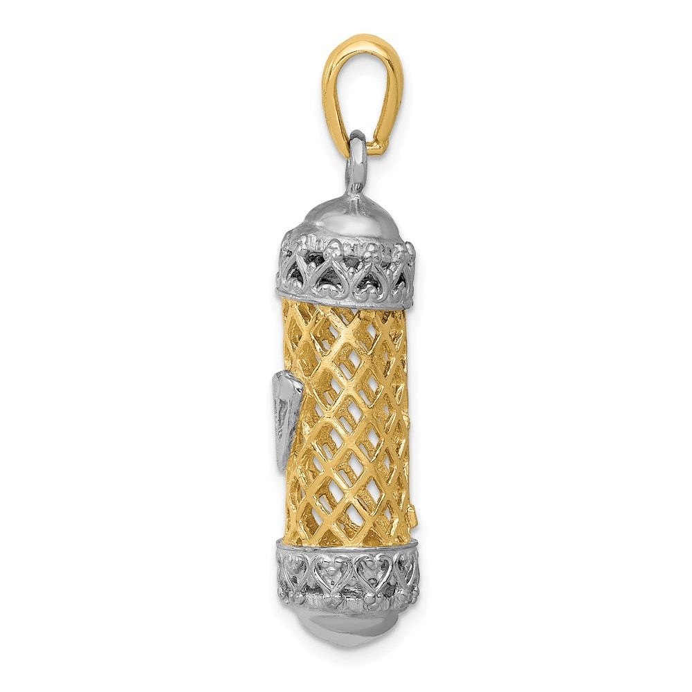 14K Two-Tone 3D Mezuzah W/Shin Charm