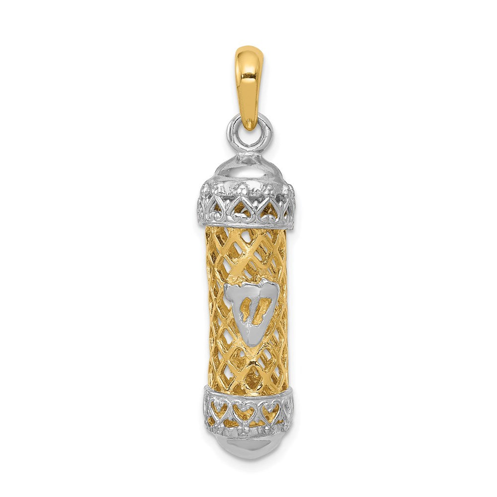 14K Two-Tone 3D Mezuzah W/Shin Charm