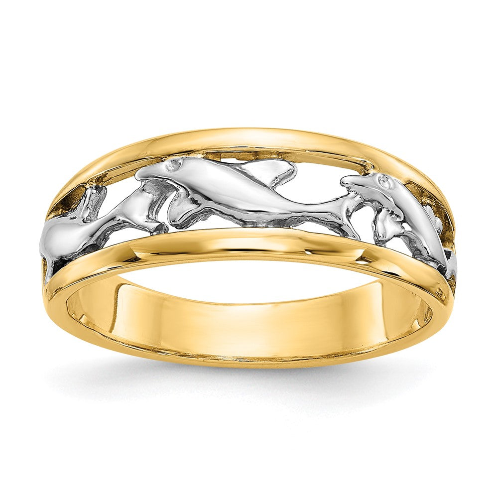 14k With Rhodium Dolphin Ring