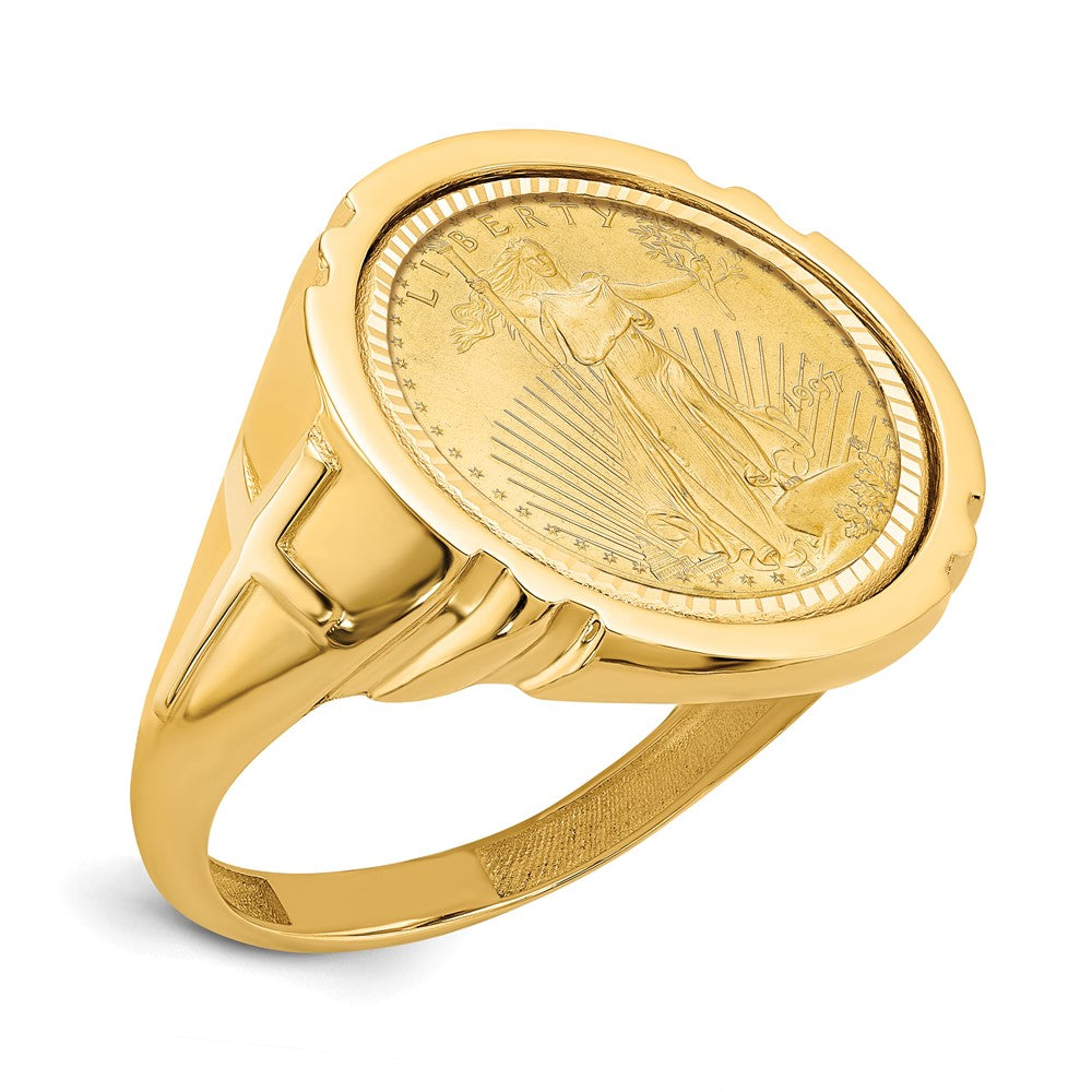 Wideband Distinguished Coin Jewelry 14k Men's Polished and Diamond-cut with Cross Sides Mounted 1/10oz American Eagle Coin Bezel Ring