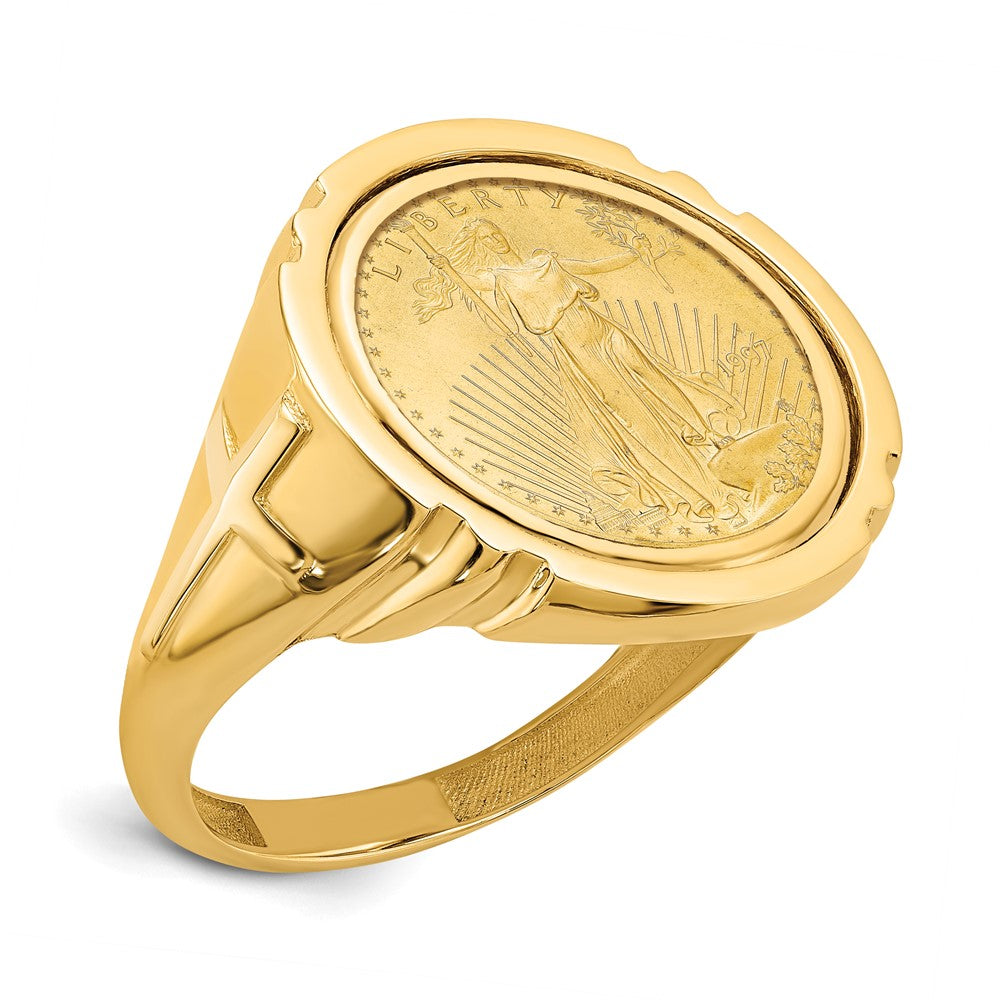 Wideband Distinguished Coin Jewelry 14k Men's Polished with Cross Sides Mounted 1/10oz American Eagle Coin Bezel Ring