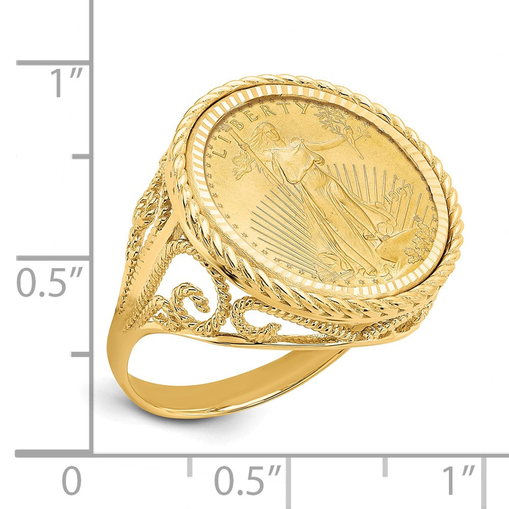 Wideband Distinguished Coin Jewelry 14k Ladies' Polished Diamond-cut and Twisted Wire Scroll Design Mounted 1/10oz American Eagle Coin Bezel Ring