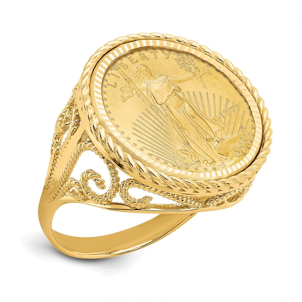 Wideband Distinguished Coin Jewelry 14k Ladies' Polished Diamond-cut and Twisted Wire Scroll Design Mounted 1/10oz American Eagle Coin Bezel Ring