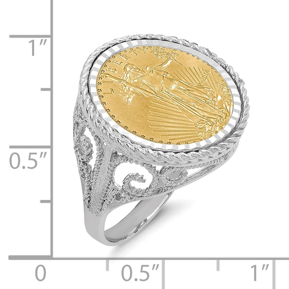 Wideband Distinguished Coin Jewelry 14k White Gold Ladies' Polished Diamond-cut and Twisted Wire Scroll Design Mounted 1/10oz American Eagle Coin Bezel Ring