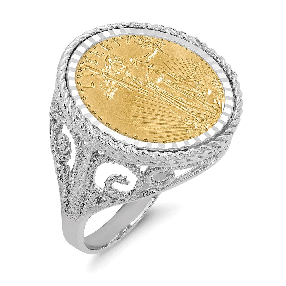 Wideband Distinguished Coin Jewelry 14k White Gold Ladies' Polished Diamond-cut and Twisted Wire Scroll Design Mounted 1/10oz American Eagle Coin Bezel Ring