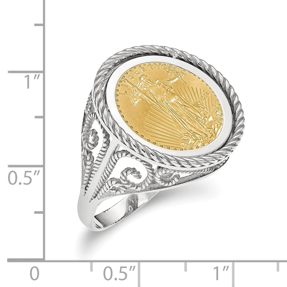 Wideband Distinguished Coin Jewelry 14k White Gold Ladies' Polished and Twisted Wire Scroll Design Mounted 1/10oz American Eagle Coin Bezel Ring