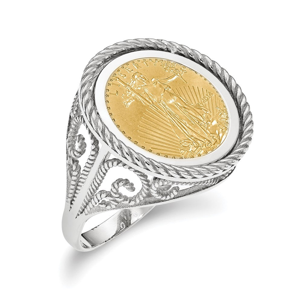 Wideband Distinguished Coin Jewelry 14k White Gold Ladies' Polished and Twisted Wire Scroll Design Mounted 1/10oz American Eagle Coin Bezel Ring