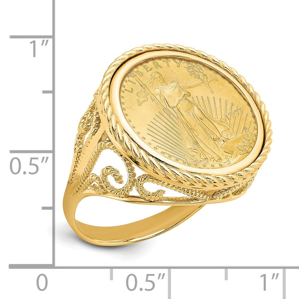 Wideband Distinguished Coin Jewelry 14k Ladies' Polished and Twisted Wire Scroll Design Mounted 1/10oz American Eagle Coin Bezel Ring