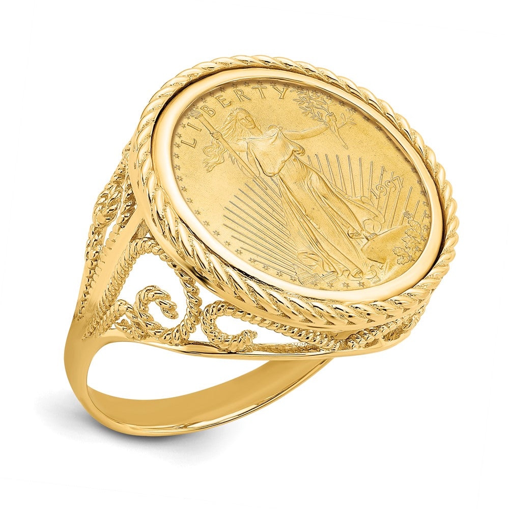 Wideband Distinguished Coin Jewelry 14k Ladies' Polished and Twisted Wire Scroll Design Mounted 1/10oz American Eagle Coin Bezel Ring