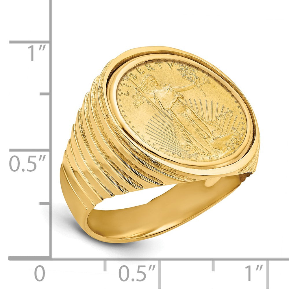 Wideband Distinguished Coin Jewelry 14k Men's Polished Ribbed Edge Mounted 1/10oz American Eagle Coin Bezel Ring