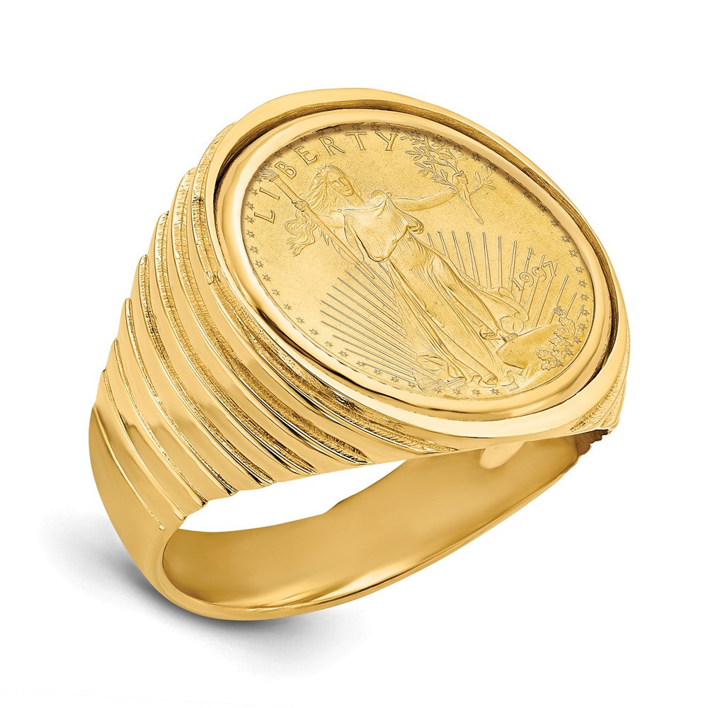 Wideband Distinguished Coin Jewelry 14k Men's Polished Ribbed Edge Mounted 1/10oz American Eagle Coin Bezel Ring