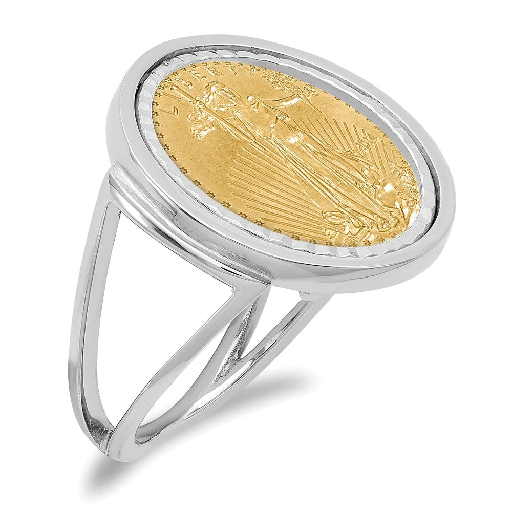 Wideband Distinguished Coin Jewelry 14k White Gold Ladies' Polished and Diamond-cut Mounted 1/10oz American Eagle Coin Bezel Ring