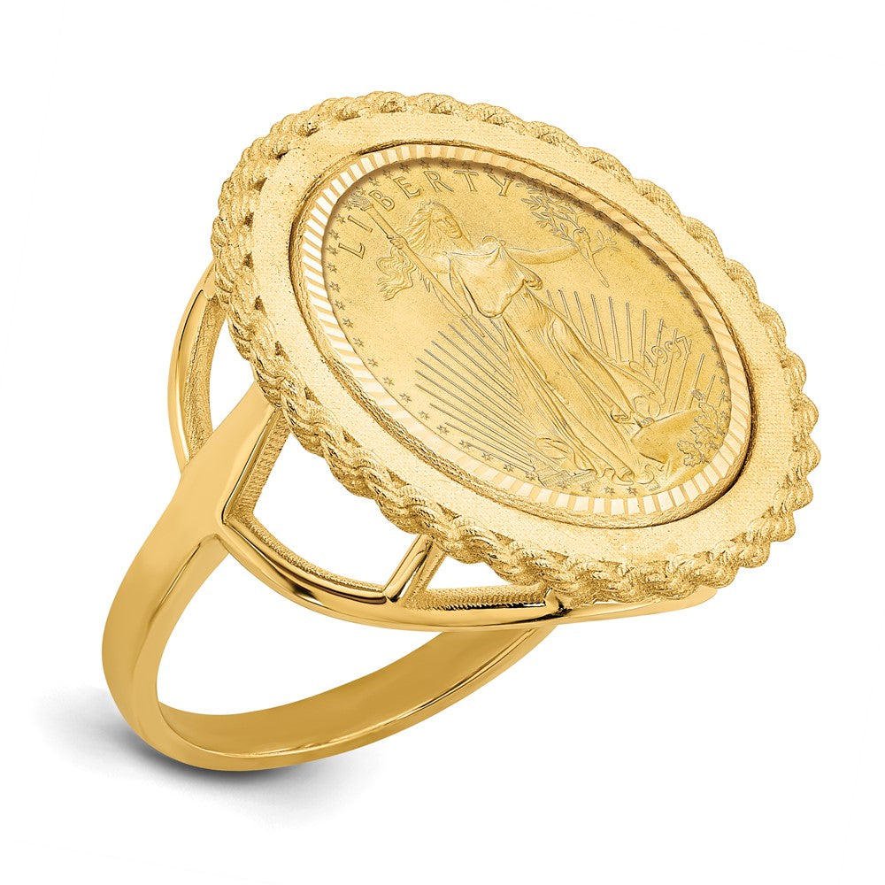 Wideband Distinguished Coin Jewelry 14k Ladies' Polished Textured and Diamond-cut Rope Edge Mounted 1/10oz American Eagle Coin Bezel Ring