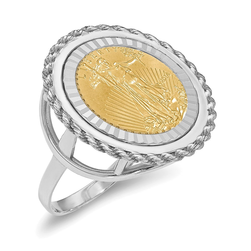 Wideband Distinguished Coin Jewelry 14k White Gold Ladies' Polished Textured and Diamond-cut Rope Edge Mounted 1/10oz American Eagle Coin Bezel Ring