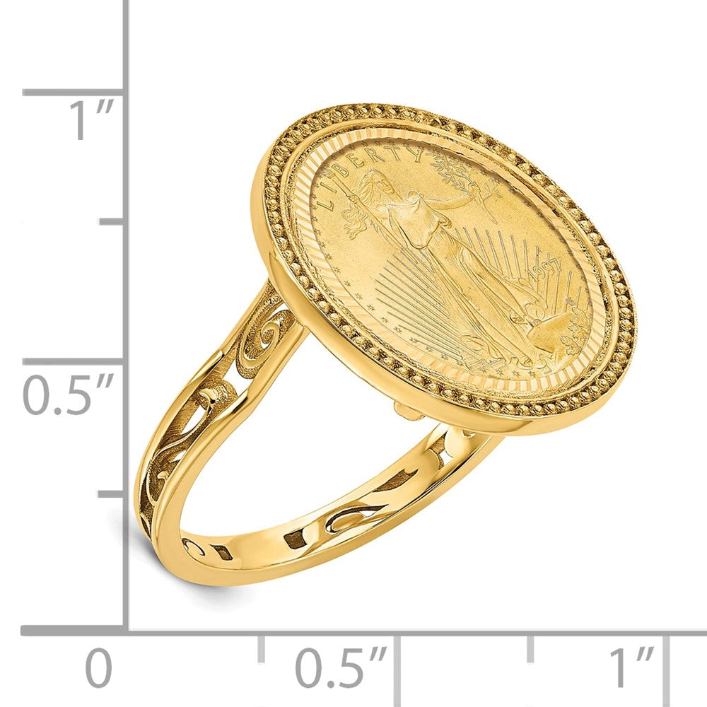 Wideband Distinguished Coin Jewelry 14k Ladies' Polished and Diamond-cut with Filigree Sides and Beaded Top Mounted 1/10oz American Eagle Coin Bezel Ring