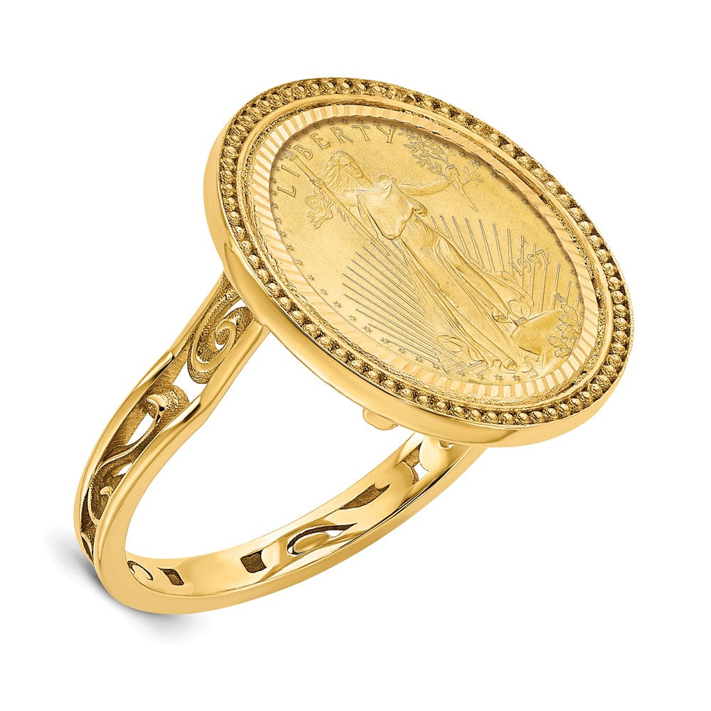 Wideband Distinguished Coin Jewelry 14k Ladies' Polished and Diamond-cut with Filigree Sides and Beaded Top Mounted 1/10oz American Eagle Coin Bezel Ring