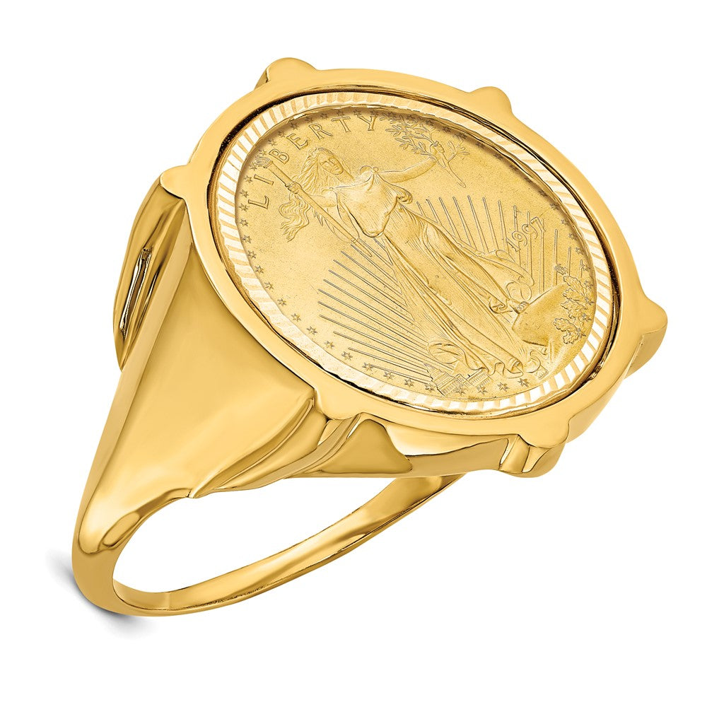 Wideband Distinguished Coin Jewelry 14k Men's Polished and Diamond-cut Fluted Mounted 1/10oz American Eagle Coin Bezel Ring