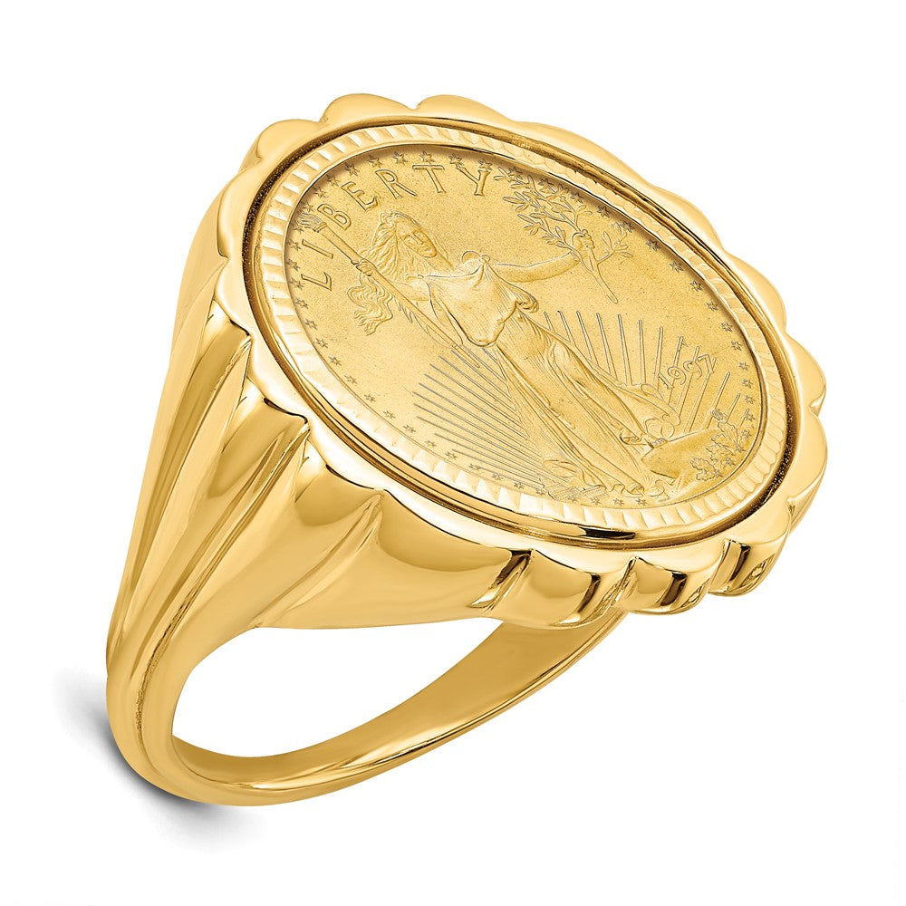 Wideband Distinguished Coin Jewelry 14k Ladies' Polished and Diamond-cut Fluted Mounted 1/10oz American Eagle Coin Bezel Ring