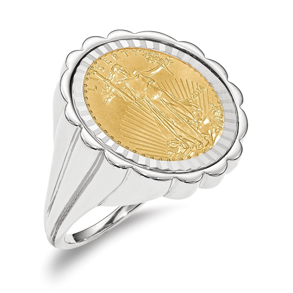 Wideband Distinguished Coin Jewelry 14k White Gold Ladies' Polished and Diamond-cut Fluted Mounted 1/10oz American Eagle Coin Bezel Ring