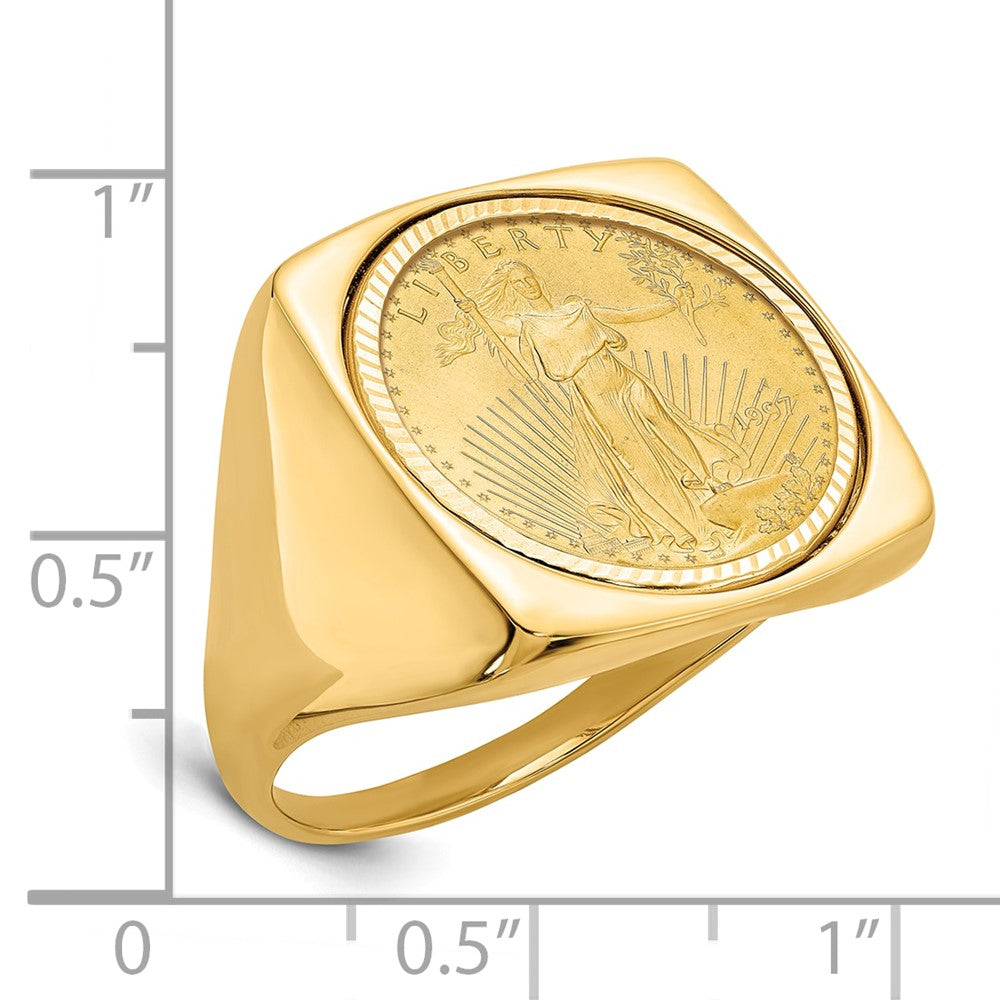 Wideband Distinguished Coin Jewelry 14k Men's Polished and Diamond-cut Square Shaped Mounted 1/10oz American Eagle Coin Bezel Ring