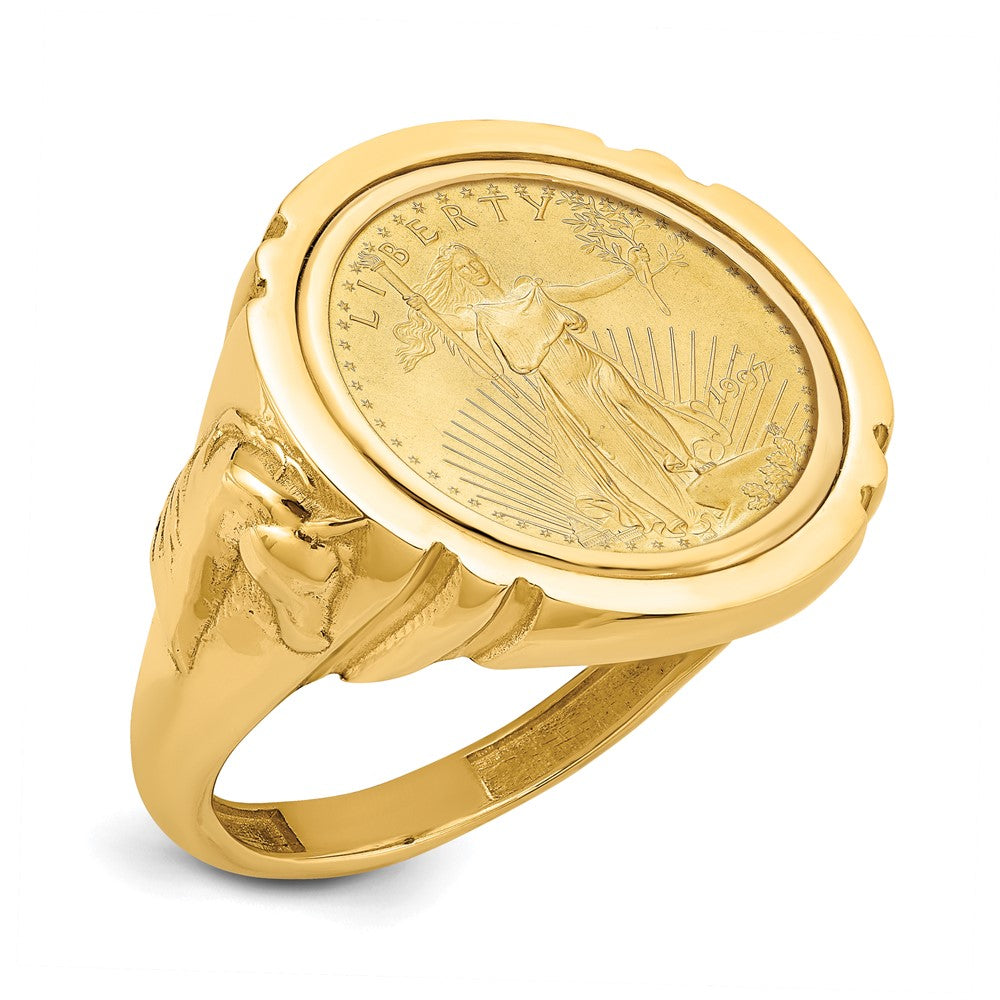 Wideband Distinguished Coin Jewelry 14k Men's Polished with Horse Sides Mounted 1/10oz American Eagle Coin Bezel Ring