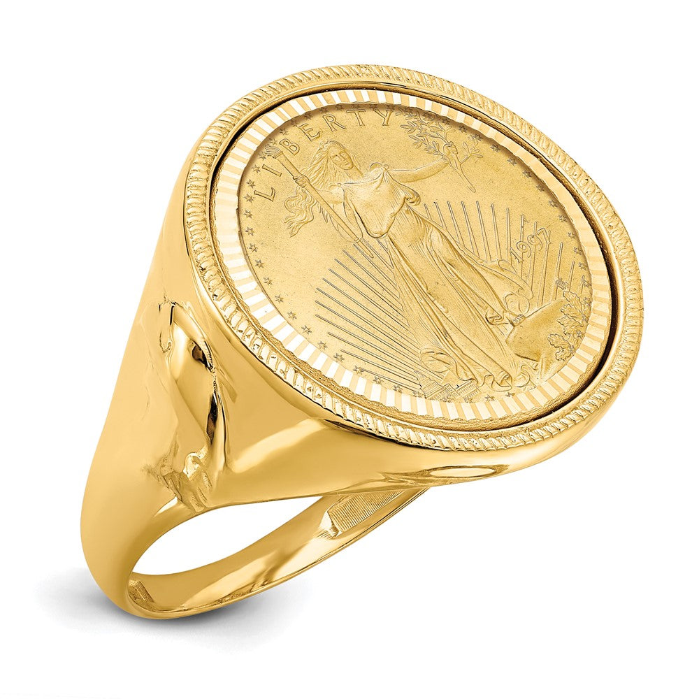 Wideband Distinguished Coin Jewelry 14k Men's Polished Textured and Diamond-cut with Eagle Side Mounted 1/10oz American Eagle Coin Bezel Ring