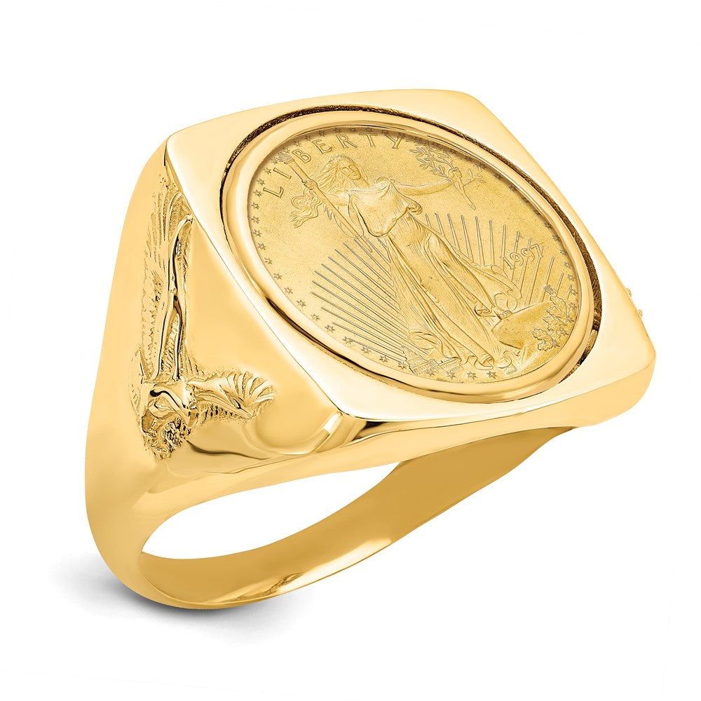 Wideband Distinguished Coin Jewelry 14k Men's Polished with Flying Eagle Side Square Shaped Mounted 1/10oz American Eagle Coin Bezel Ring