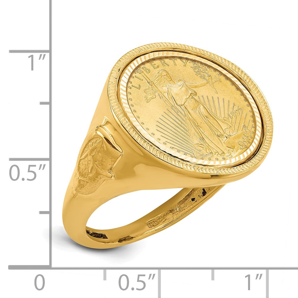 Wideband Distinguished Coin Jewelry 14k Men's Polished Textured and Diamond-cut with Masonic Sides Mounted 1/10oz American Eagle Coin Bezel Ring