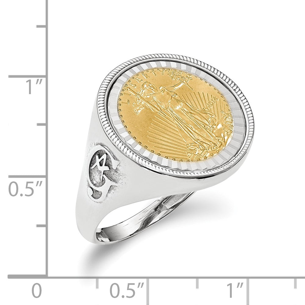 Wideband Distinguished Coin Jewelry 14k White Gold Men's Polished Textured and Diamond-cut with Masonic Sides Mounted 1/10oz American Eagle Coin Bezel Ring