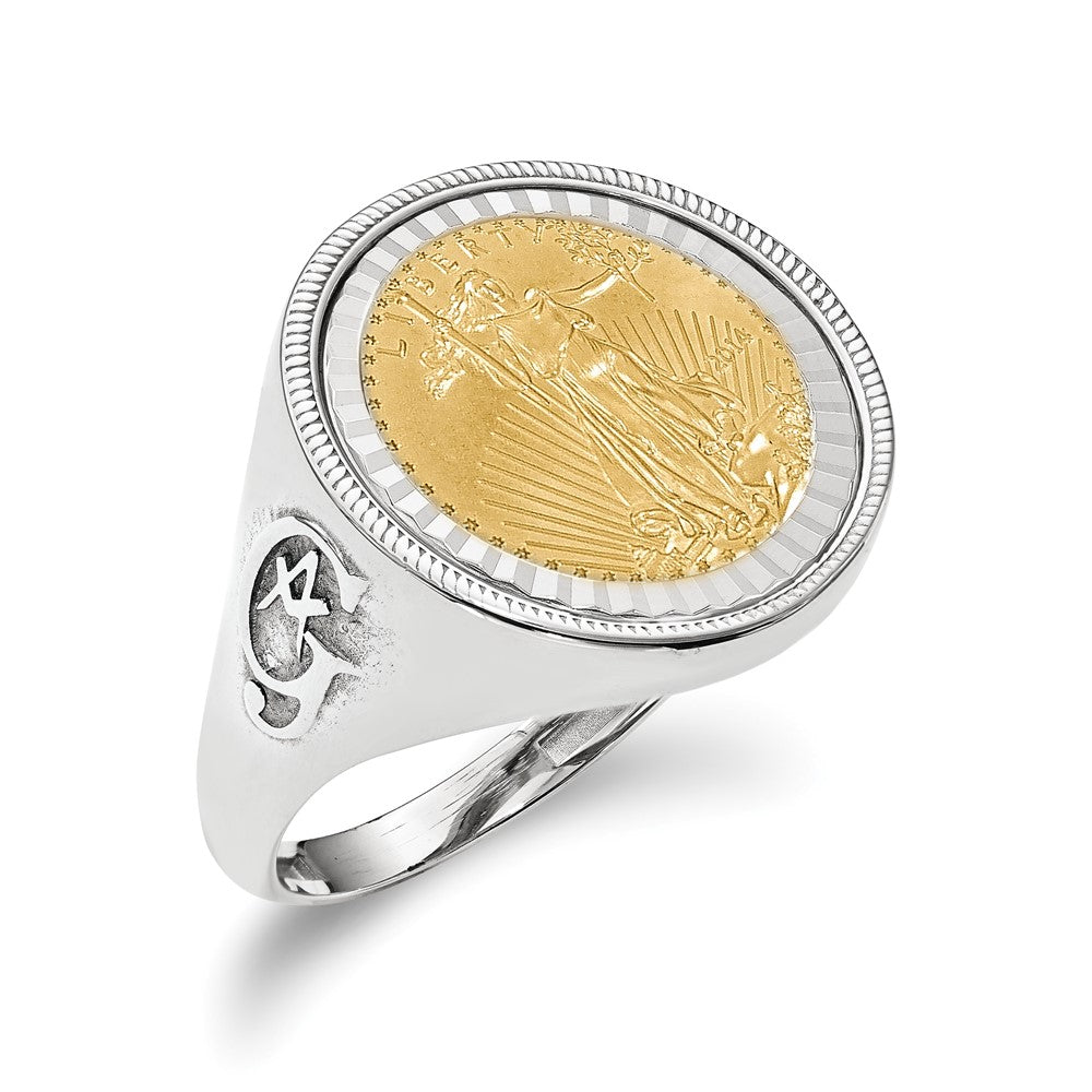 Wideband Distinguished Coin Jewelry 14k White Gold Men's Polished Textured and Diamond-cut with Masonic Sides Mounted 1/10oz American Eagle Coin Bezel Ring