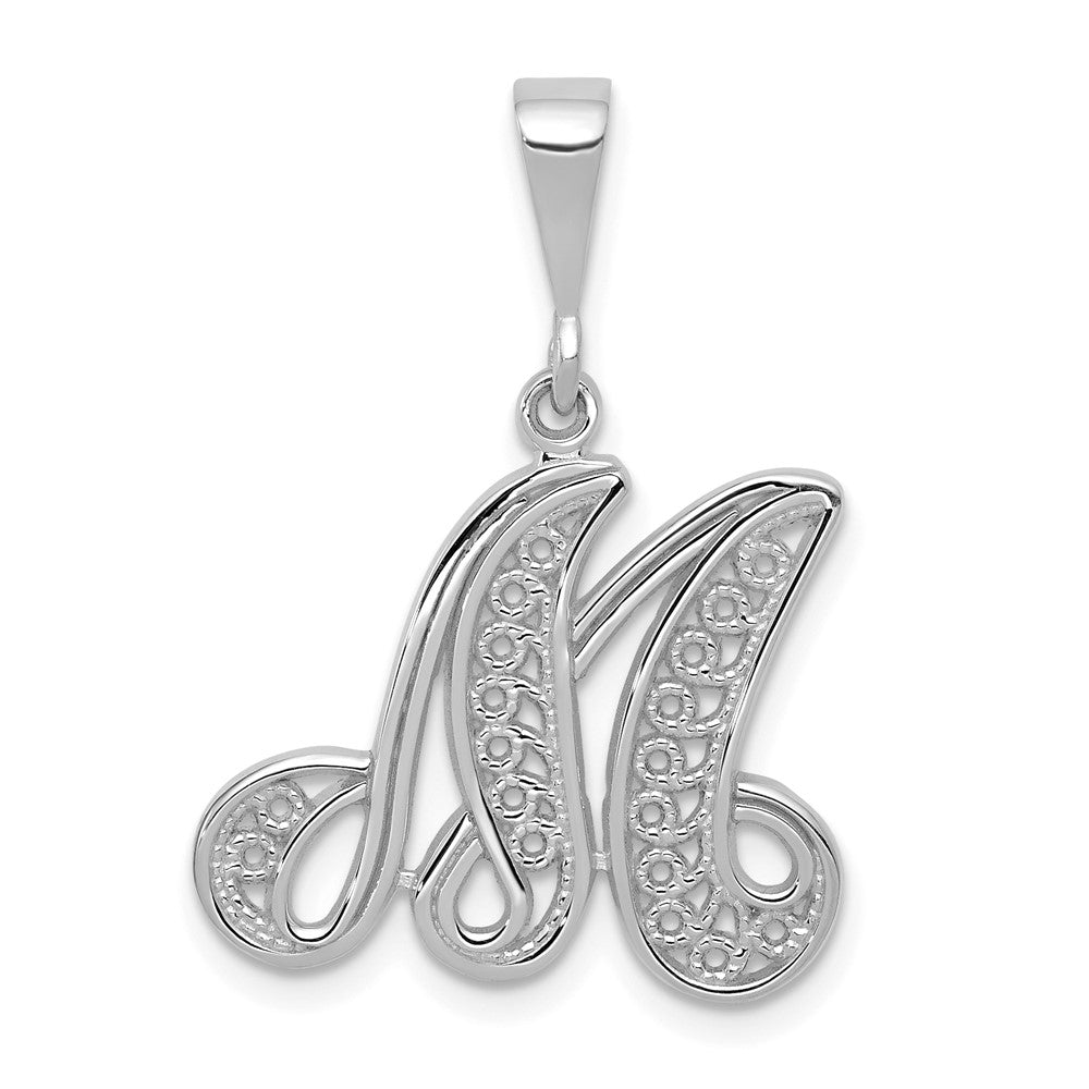 14KW White Gold Solid Polished Script Filigree Letter M Initial Pendant