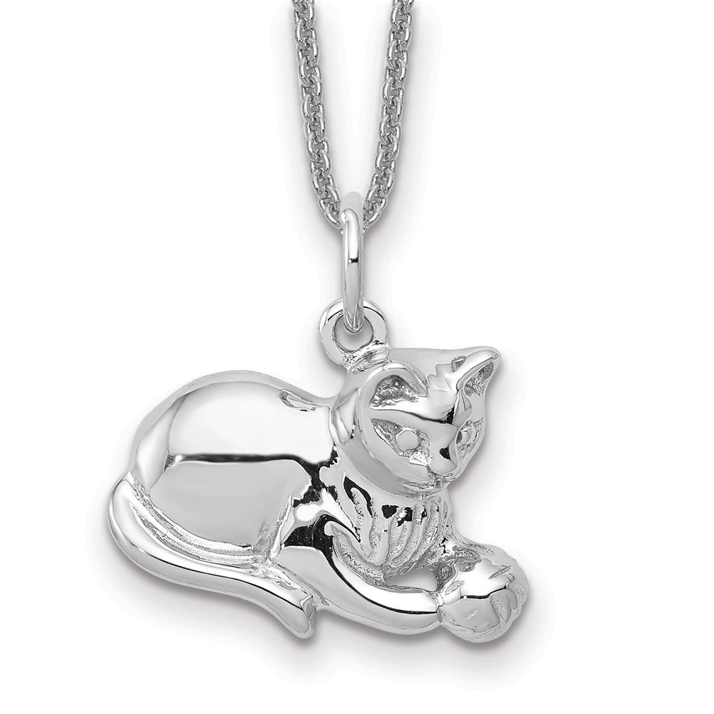 14k White Gold Diamond-cut Satin Open-Backed Cat Charm w/ 18in chain