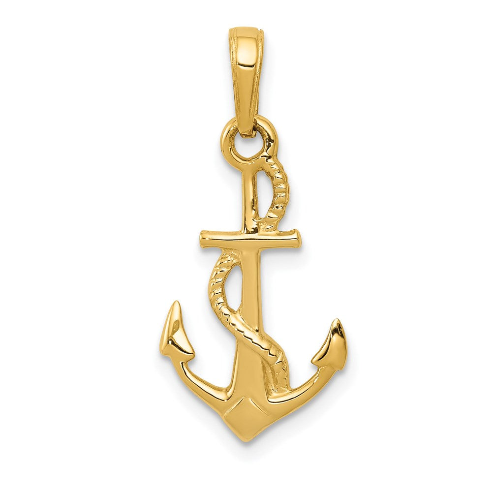 14K Solid Polished 3-D Anchor with Rope Pendant