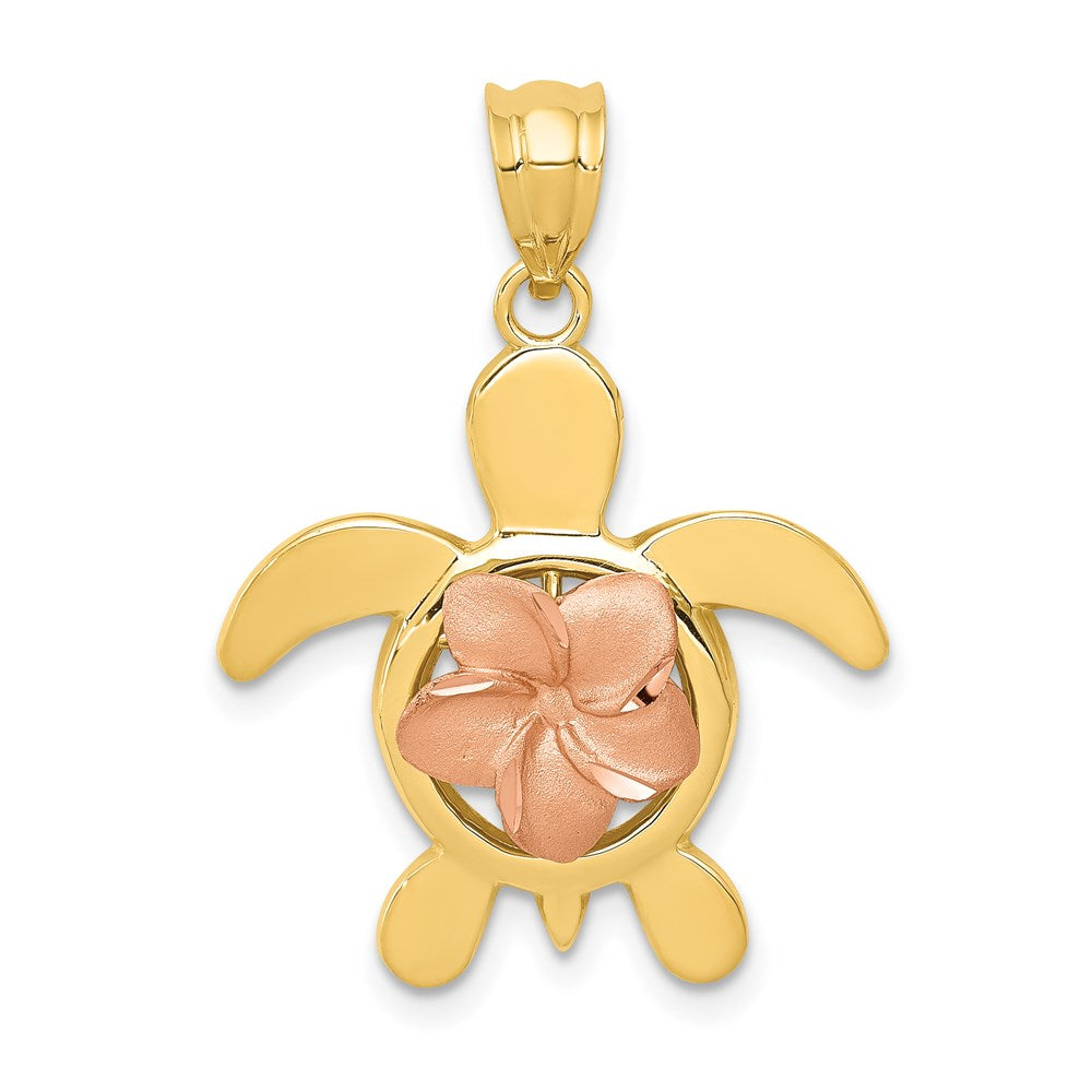 14k Two-tone Diamond-cut Rose Plumeria Turtle Pendant