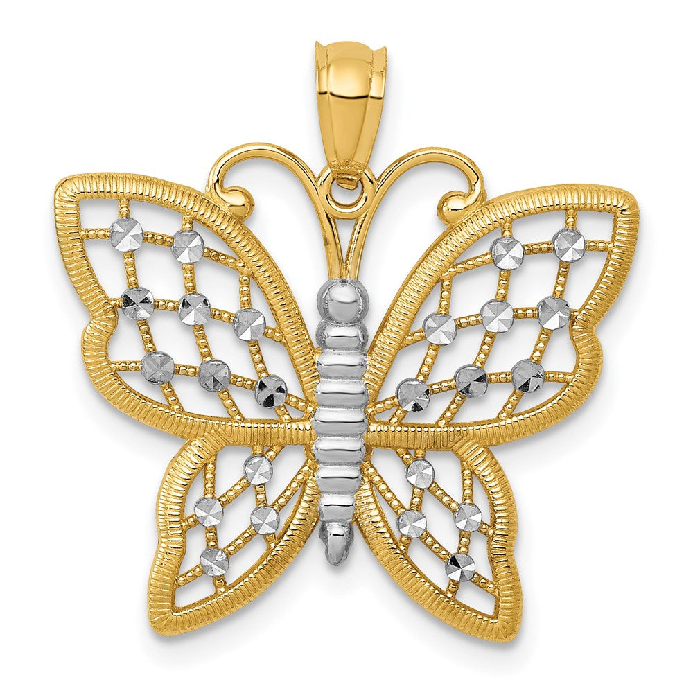 14k and Rhodium Diamond-cut Butterfly Pendant