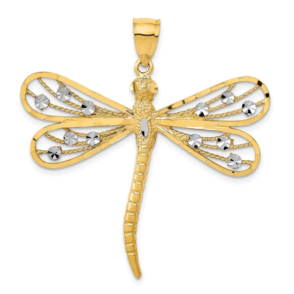 14K and White Rhodium Diamond-cut Filigree Dragonfly Pendant