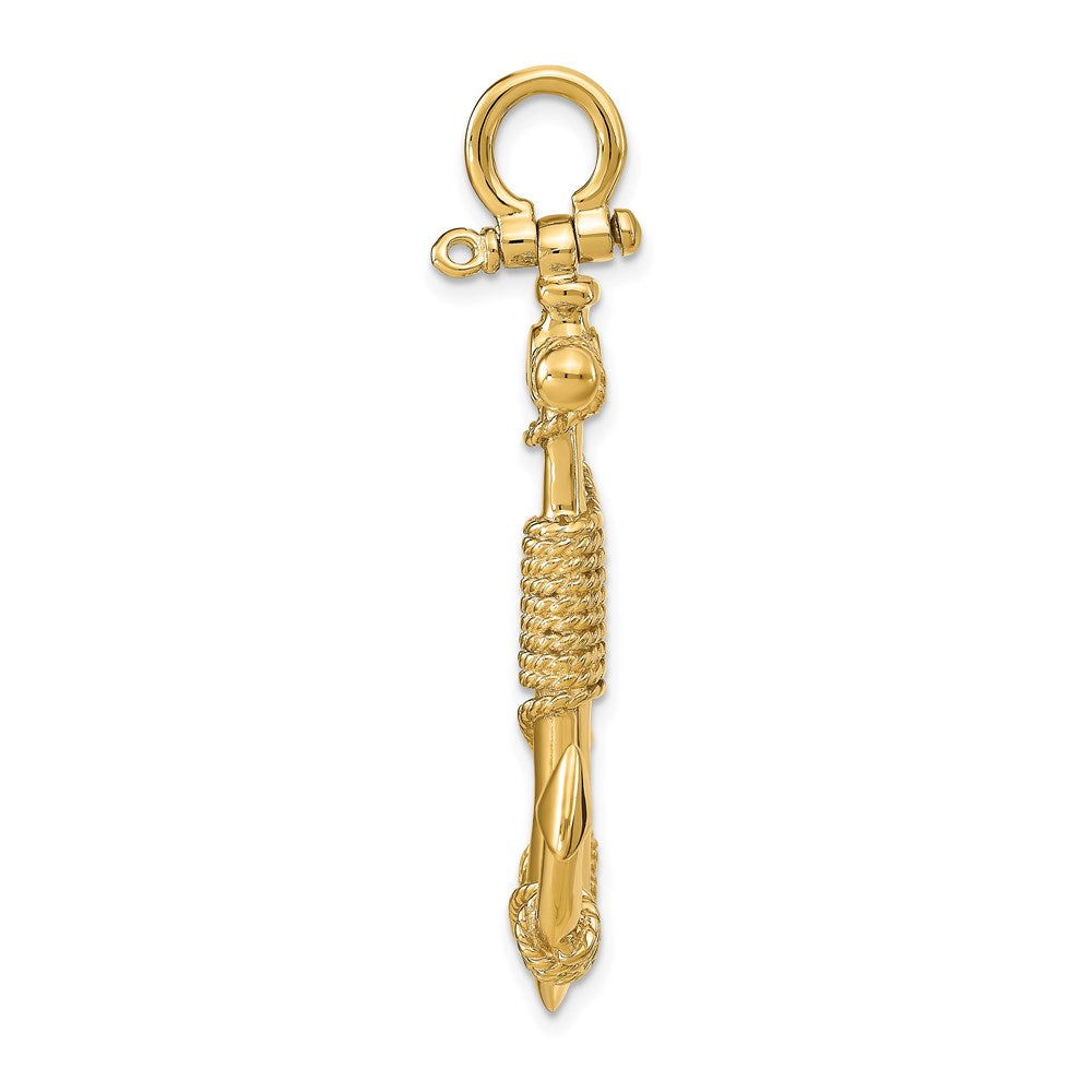 14K Large 3-D Solid Anchor with Wrapped Rope with Shackle Bail Pendant