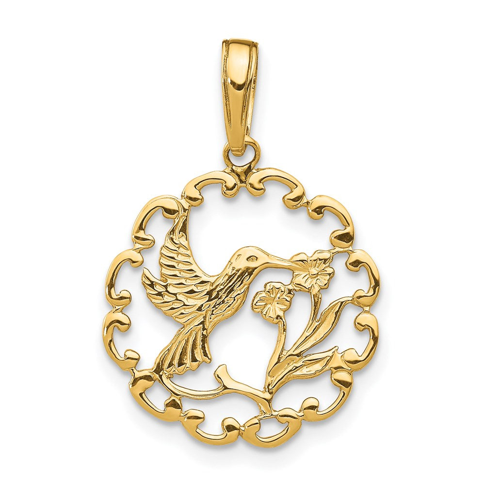 14K Hummingbird with Flower Round Scalloped Frame Pendant
