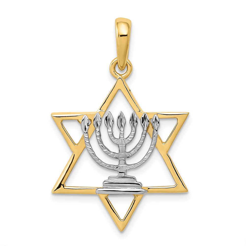 14K and White Rhodium Solid Menorah In Star Of David Charm