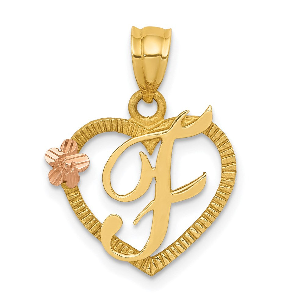 14k Two-Tone Heart Letter F Initial Pendant