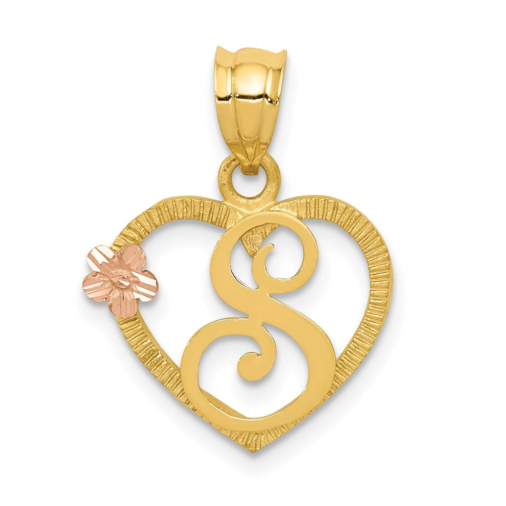 14k Two-Tone Heart Letter S Initial Pendant