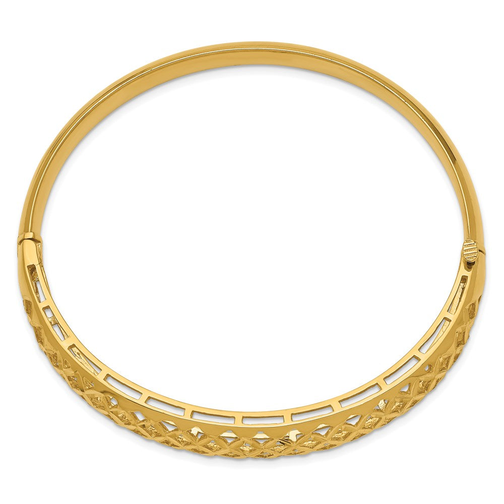 14k Polished Graduated Diamond-cut 6.25- Fancy Weave Hinged Oval Bangle Bracelet