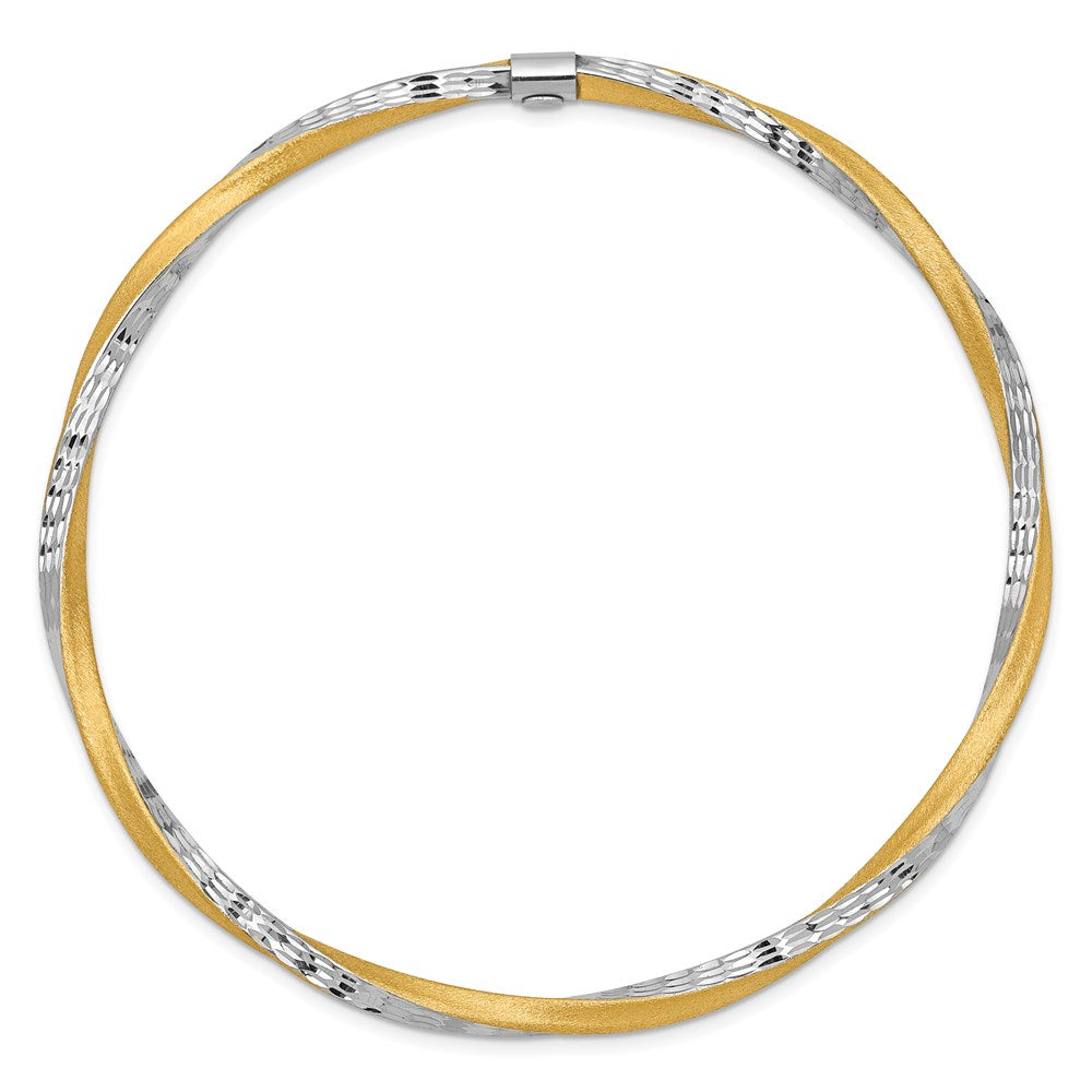 14k and White Rhodium Satin Finish Diamond-cut Twist Slip-on Round Bangle Bracelet
