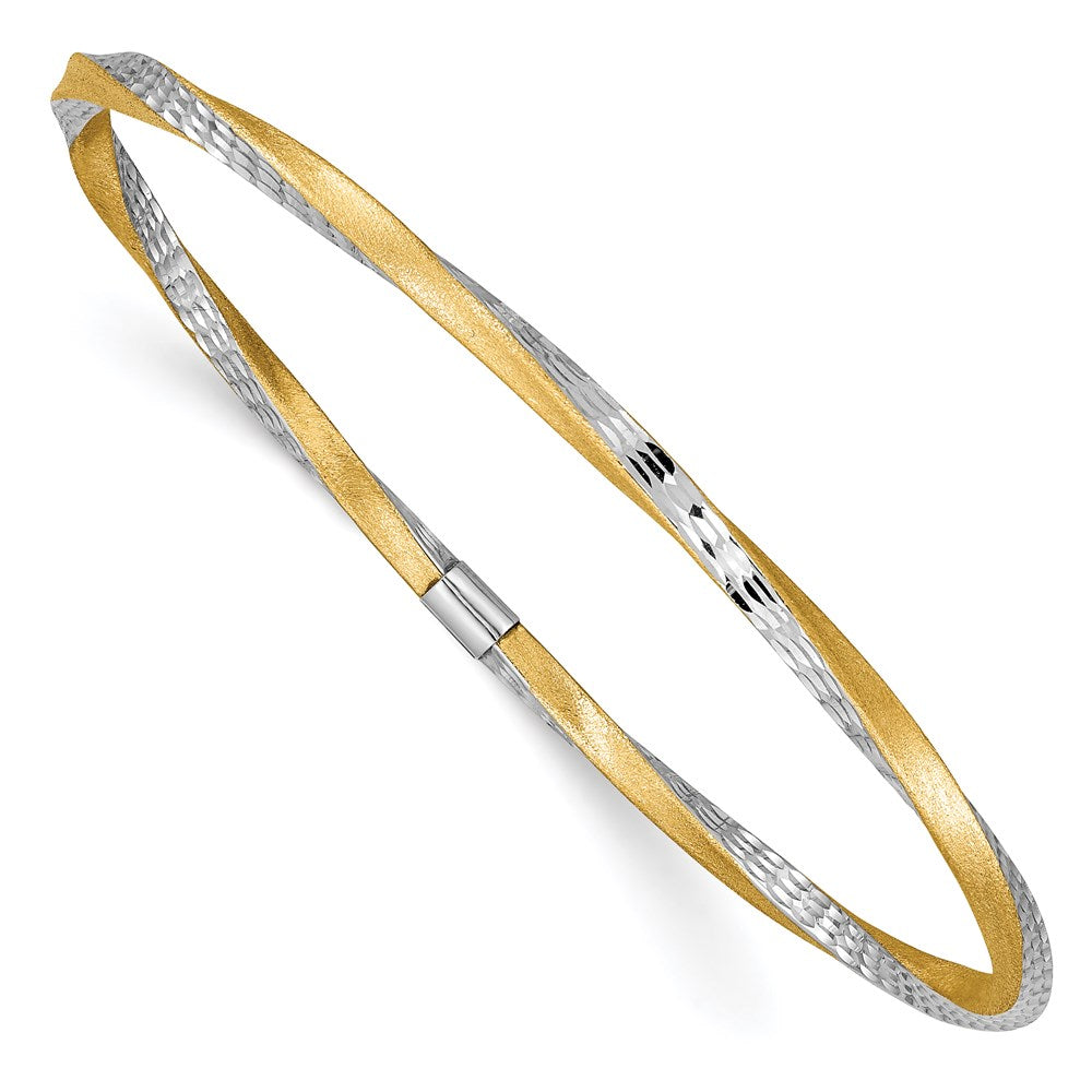 14k and White Rhodium Satin Finish Diamond-cut Twist Slip-on Round Bangle Bracelet