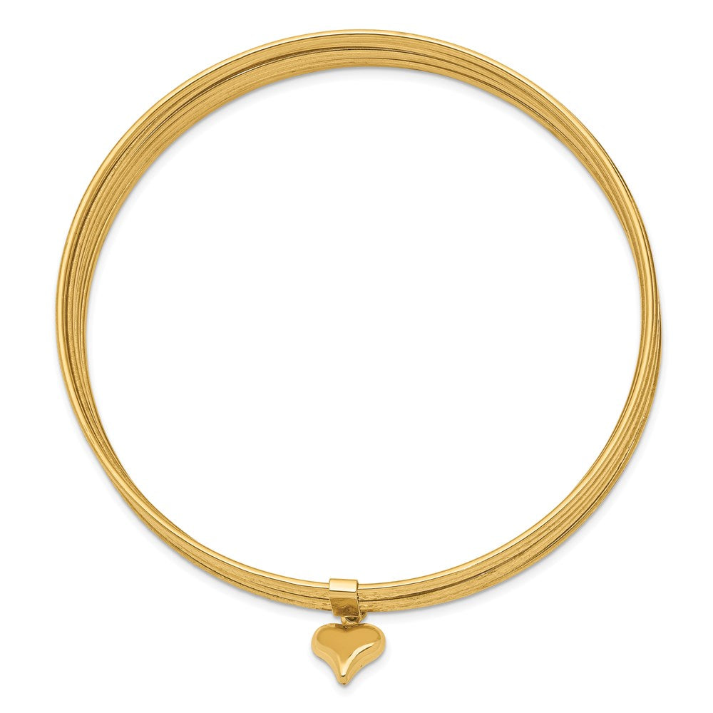 14K Oversize Polished and Textured with Dangle Heart 7-Strand Slip-on Round Bangle Bracelet