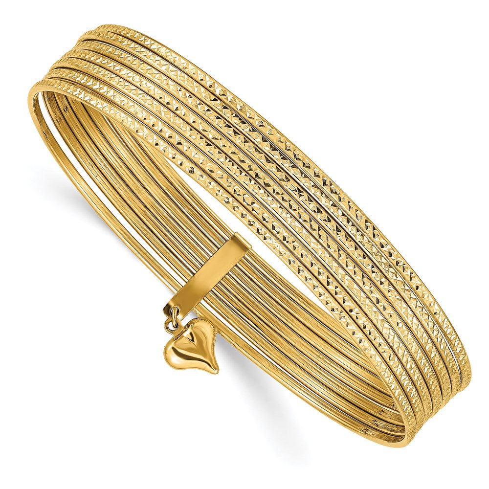 14K Oversize Polished and Textured with Dangle Heart 7-Strand Slip-on Round Bangle Bracelet