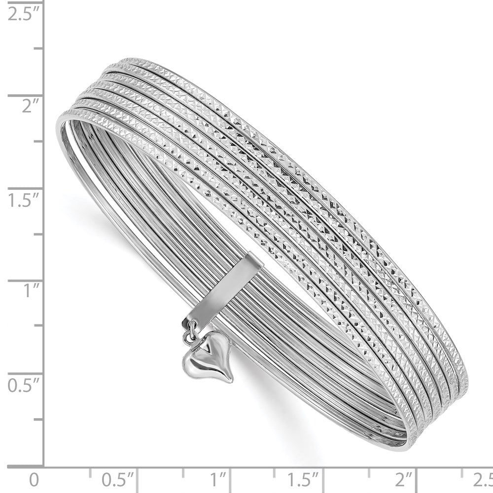 14K White Gold Polished and Textured with Dangle Heart 7-Strand Slip-on Round Bangle Bracelet