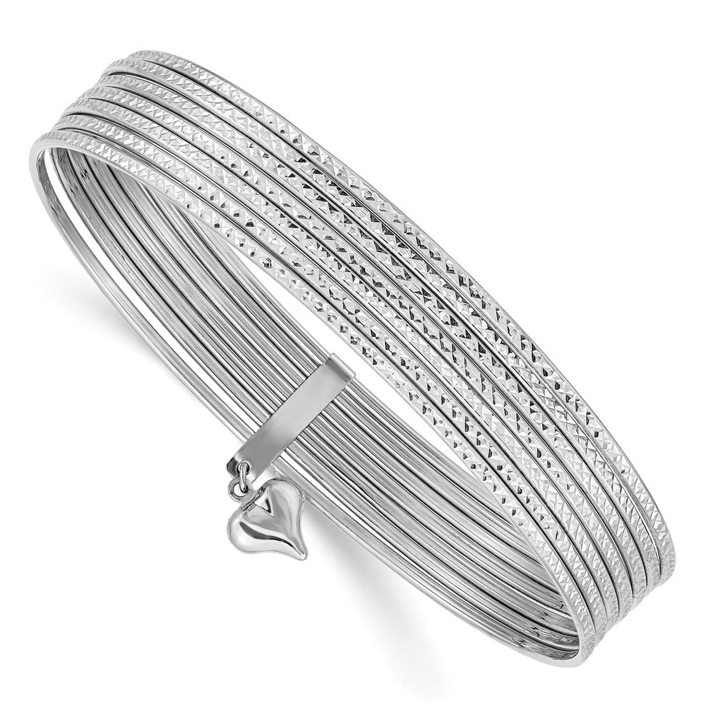 14K White Gold Polished and Textured with Dangle Heart 7-Strand Slip-on Round Bangle Bracelet