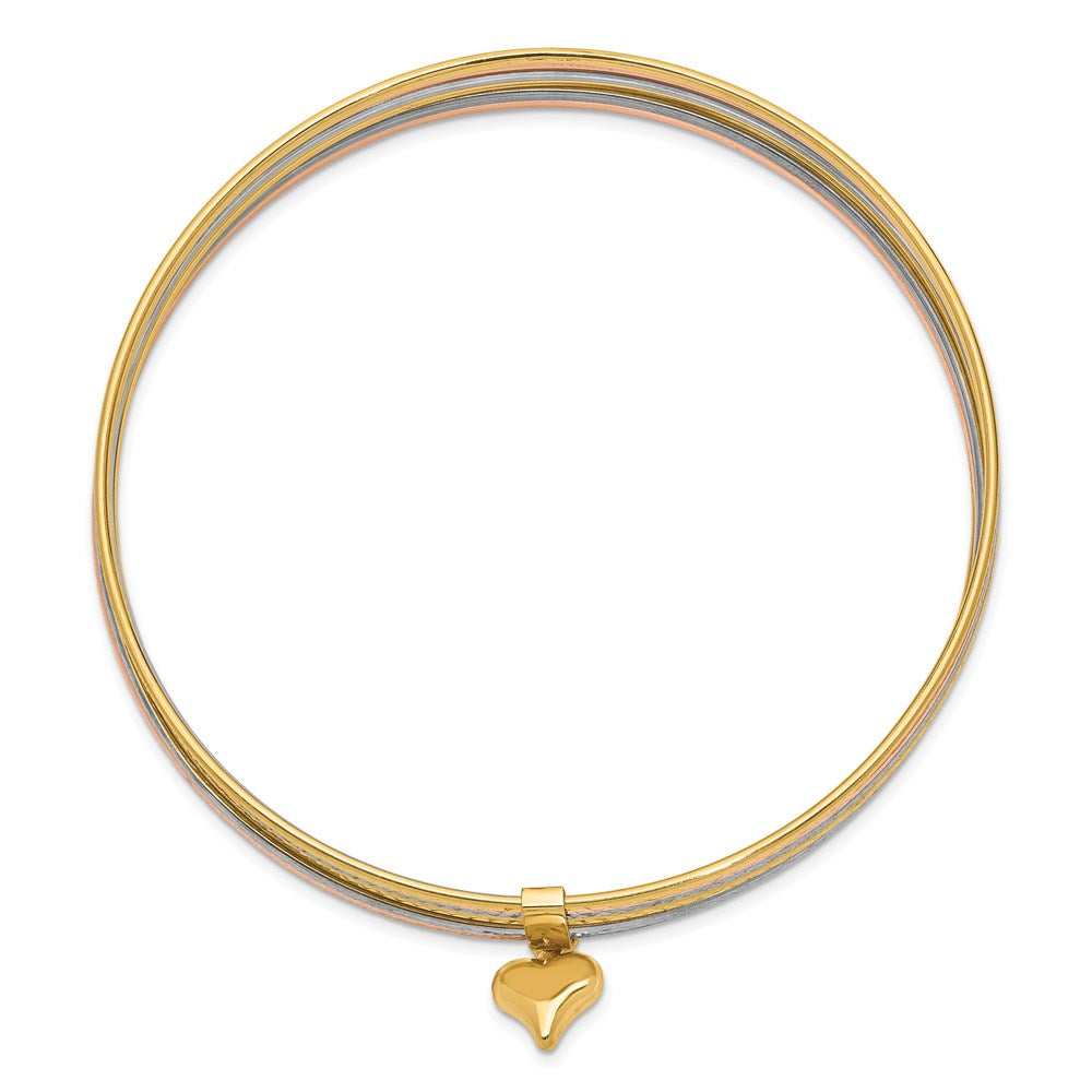 14K Oversize Tri-color Polished and Textured with Dangle Heart 7-Strand Slip-on Round Bangle Bracelet