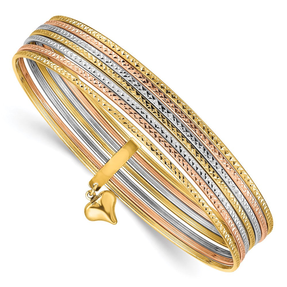 14K Oversize Tri-color Polished and Textured with Dangle Heart 7-Strand Slip-on Round Bangle Bracelet